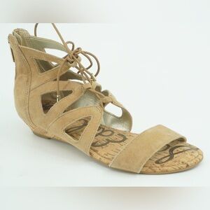 Sam Edelman Dean Beige Suede Demi Wedge Caged Sandal SZ 8 Cork Strappy